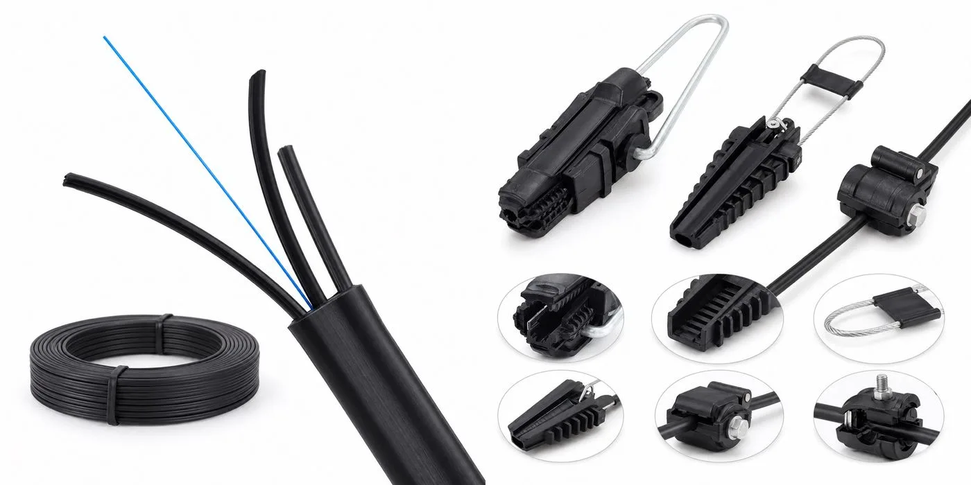 Outdoor drop cable and clamp options from the product library, not a tested or approved combined assembly for a rural route